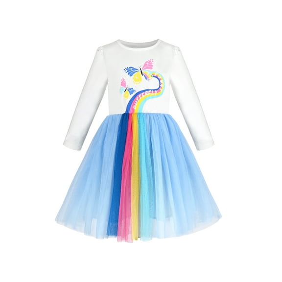 Girls Dress Blue Rainbow Butterfly Pleated Tulle Casual Long Sleeve 7 Years