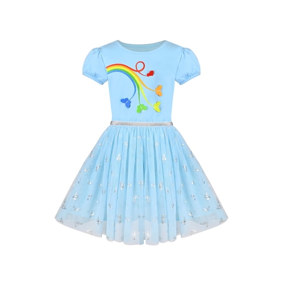 Girls Dress Blue Rainbow Butterfly Silver Glitter Puff Casual Tulle 8 Years