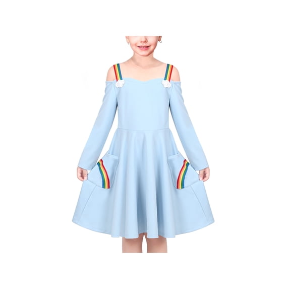 Girls Dress Blue Rainbow Cloud Spaghetti Halter Strap Pocket Daily School 8 Years