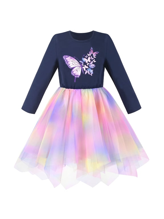 Girls Dress Blue Rainbow Gradient Butterfly Princess Tulle Long Sleeve 5 Years