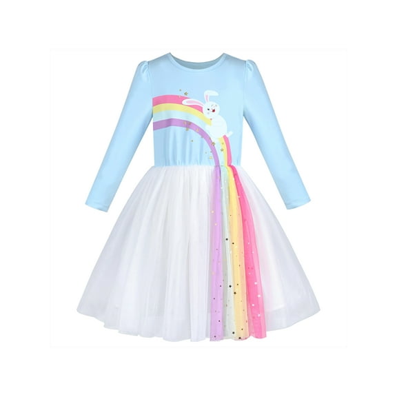 Girls Dress Blue Rainbow Sequin Star Easter Rabbit Bunny Egg Hunting 5 Years