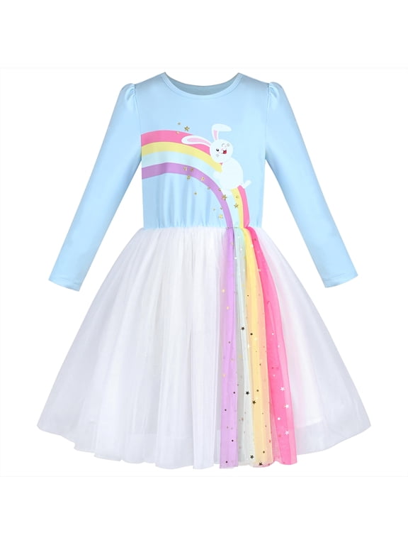Girls Dress Blue Rainbow Sequin Star Easter Rabbit Bunny Egg Hunting 5 Years