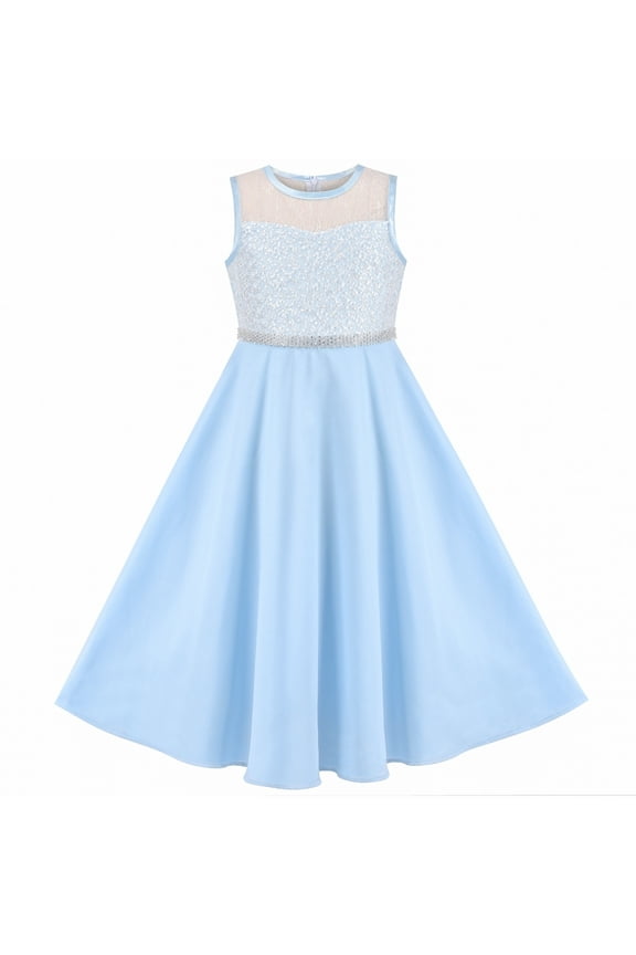 Girls Dress Blue Rhinestone Chiffon Bridesmaid Dance Party Maxi Gown 10 Years