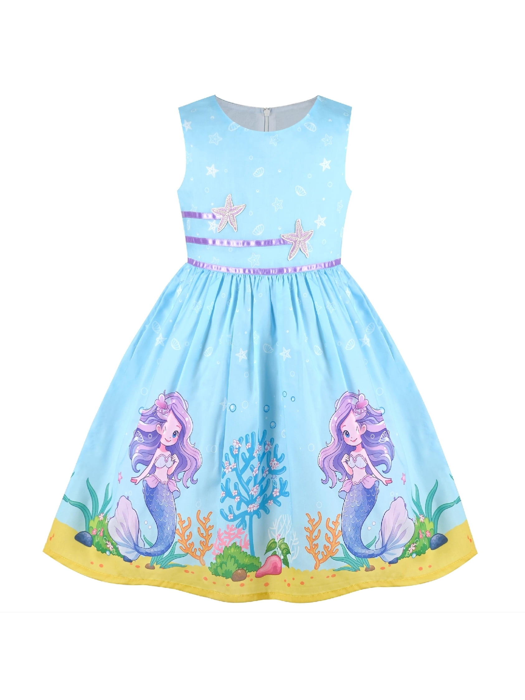 Sunny Fashion Girls Dress Blue Sea Mermaid Starfish Cartoon Summer Casual Sleeveless 11-12 Years, Girl's