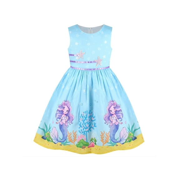 Girls Dress Blue Sea Mermaid Starfish Cartoon Summer Casual Sleeveless 11-12 Years