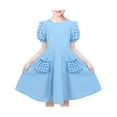 thumbnail image 1 of Girls Dress Blue Solid Color Ruffle Puff Short Sleeve 3D Pocket Casual 6 Years, 1 of 9