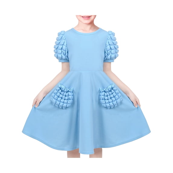 Girls Dress Blue Solid Color Ruffle Puff Short Sleeve 3D Pocket Casual 7 Years