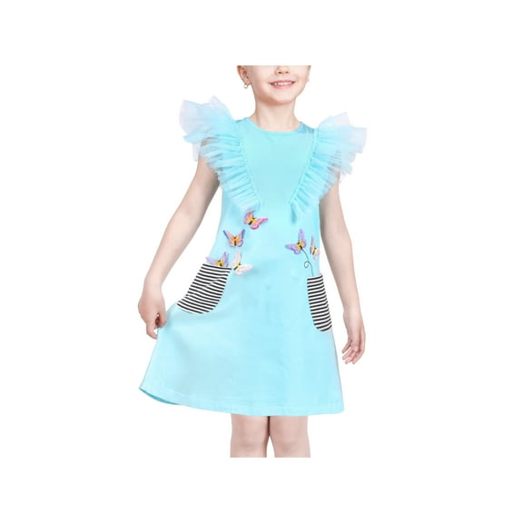 Girls Dress Blue T-shirt Pocket Embroidery Butterfly Tulle Flutter Sleeve 4 Years