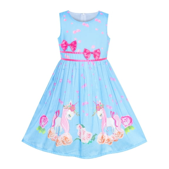 Girls Dress Blue Unicorn Flower Summer Sundress 11-12 Years