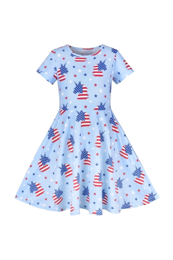 Girls Dress Blue Unicorn Star Flag July 4th National Day Short Sleeve 4 Years