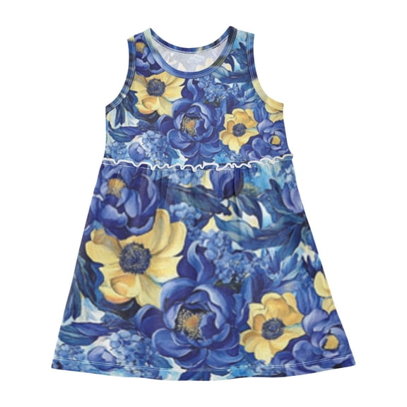 Girls Dress Blue and Yellow Flowers Sleeveless Dress for Girls Hem A-Line Casual Sundress