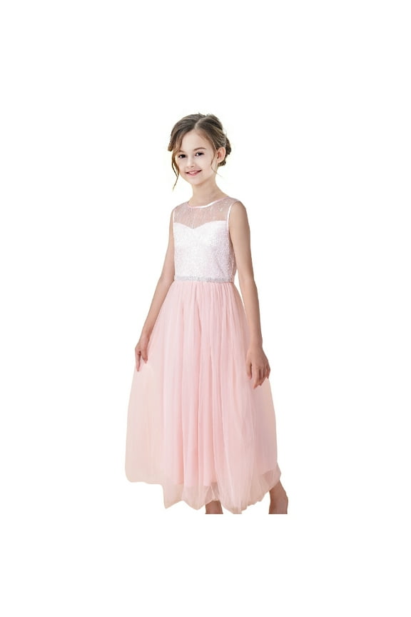 Girls Dress Blush Pink Rhinestone Chiffon Dance Ball Maxi Gown 12 Years