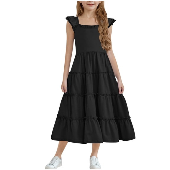 Girls Dress Boho Flutter Sleeve Tiered A Line Summer Dresses Kids Square Neck Flowy Sundress 3-13 Years