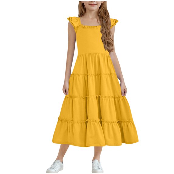 Girls Dress Boho Flutter Sleeve Tiered A Line Summer Dresses Kids Square Neck Flowy Sundress 3-13 Years