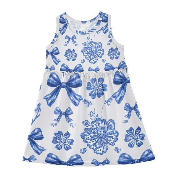 Girls Dress Bows Blue and White Flower Sleeveless Dress for Girls Hem A-Line Casual Sundress