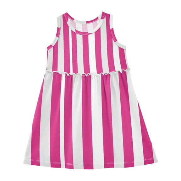 Girls Dress Bright Pink and White Stripes Sleeveless Dress for Girls Hem A-Line Casual Sundress