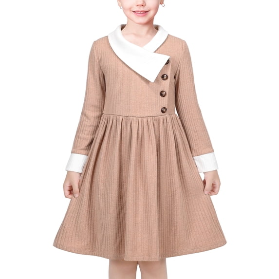 Sunny Fashion Girls Dress Brown Knit Rib Asymmetrical Fall Winter Casual Long Sleeve 12 Years