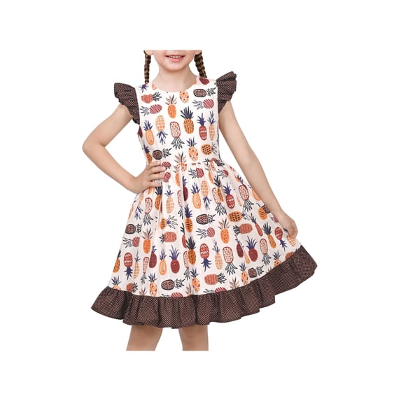 Girls Dress Brown Polka Dot Pineapple Print Tropical Ruffle Sleeve Summer 4 Years