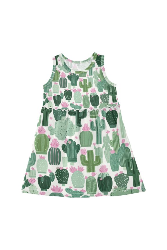 Girls Dress Cacti and Succulents Sleeveless Dress for Girls Hem A-Line Casual Sundress