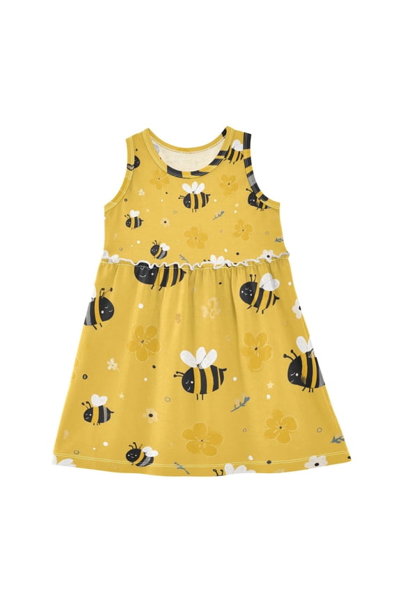 Girls Dress Cartoon Bees and Flowers Sleeveless Dress for Girls Hem A-Line Casual Sundress