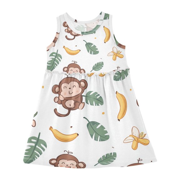 Girls Dress Cartoon Monkey Sleeveless Dress for Girls Hem A-Line Casual Sundress
