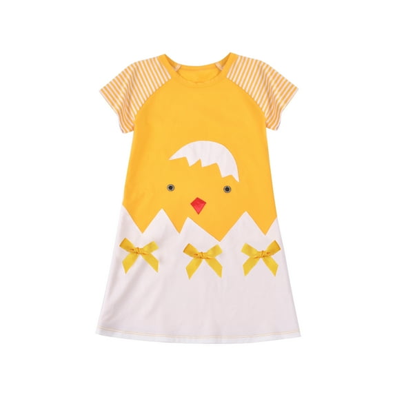 Girls Dress Cartoon T-shirt Dress Short Sleeve Drop Shoulder Bow Chick 4 Years