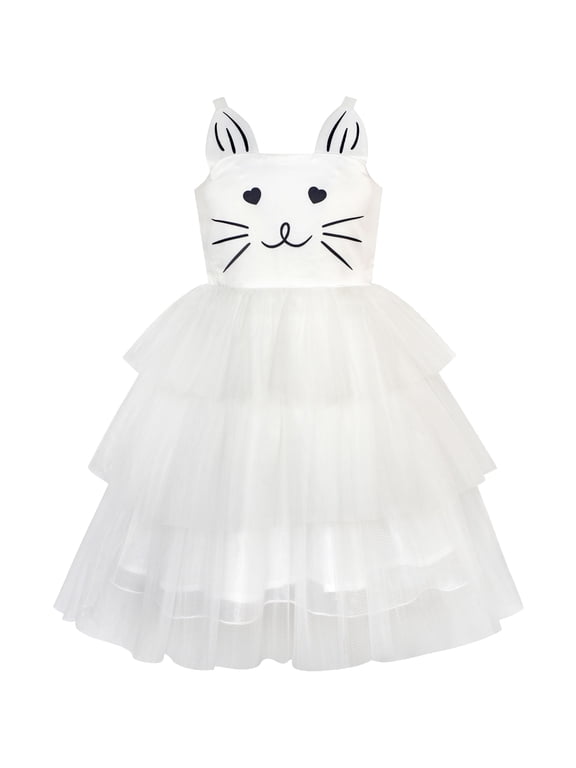 Girls Dress Cat Face Off White Tower Ruffle Dancing Party 6 Years