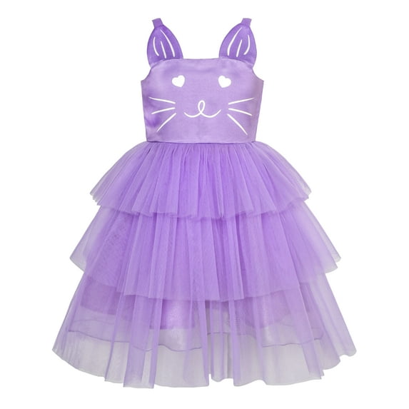 Girls Dress Cat Face Purple Tower Ruffle Dancing Party 6 Years