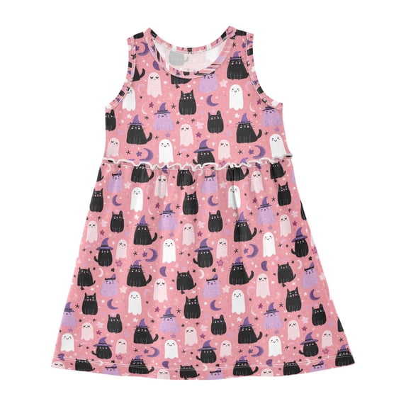 Girls Dress Cheerful Ghost and Black Cat Sleeveless Dress for Girls Hem A-Line Casual Sundress
