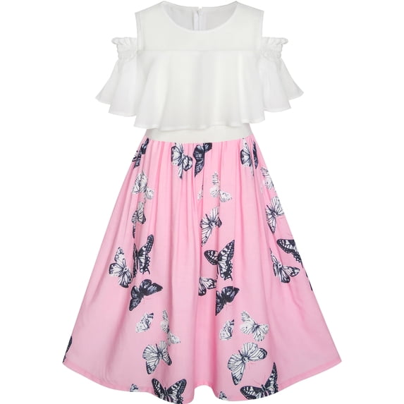 Girls Dress Chiffon Butterfly Ruffle Cold Shoulder White Pink 7