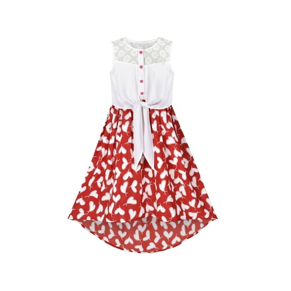 Girls Dress Chiffon Heart Lace High-Low Tie Waist Party Summer 8 Years