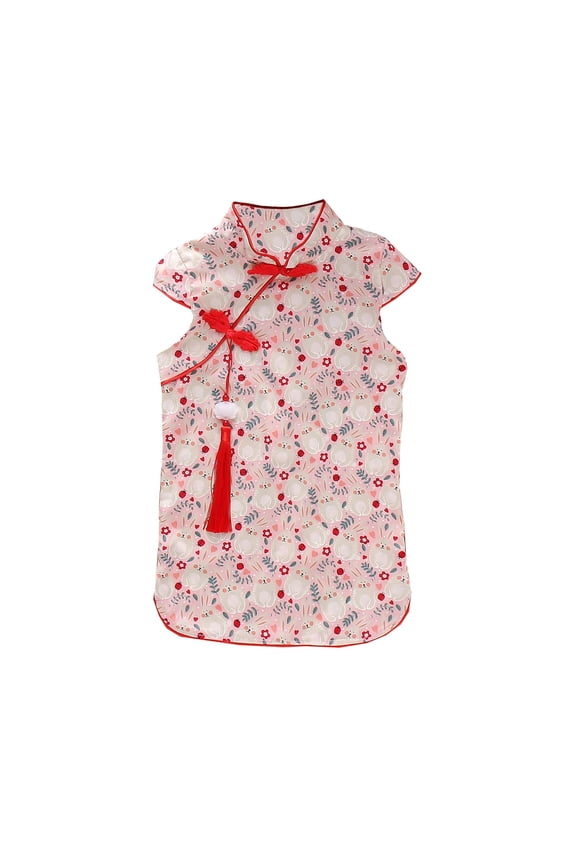 Girls Dress Chinese Style Short Sleeve Rabbit Prints Princess Cheongsam Dresses Baby Girl Dress Pink