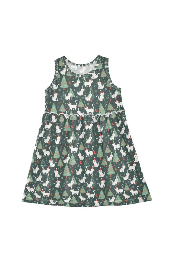 Girls Dress Christmas Cats Sleeveless Dress for Girls Hem A-Line Casual Sundress