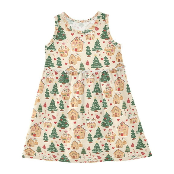 Girls Dress Christmas Gingerbread House Tree Sleeveless Dress for Girls Hem A-Line Casual Sundress
