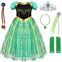 Girls Dress Christmas Princess Costume for Frozen Anna Green with Wand Wig Crown Gloves Necklace