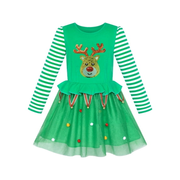 Girls Dress Christmas Reindeer Jingle Bell Party Holiday Dress 4 Years