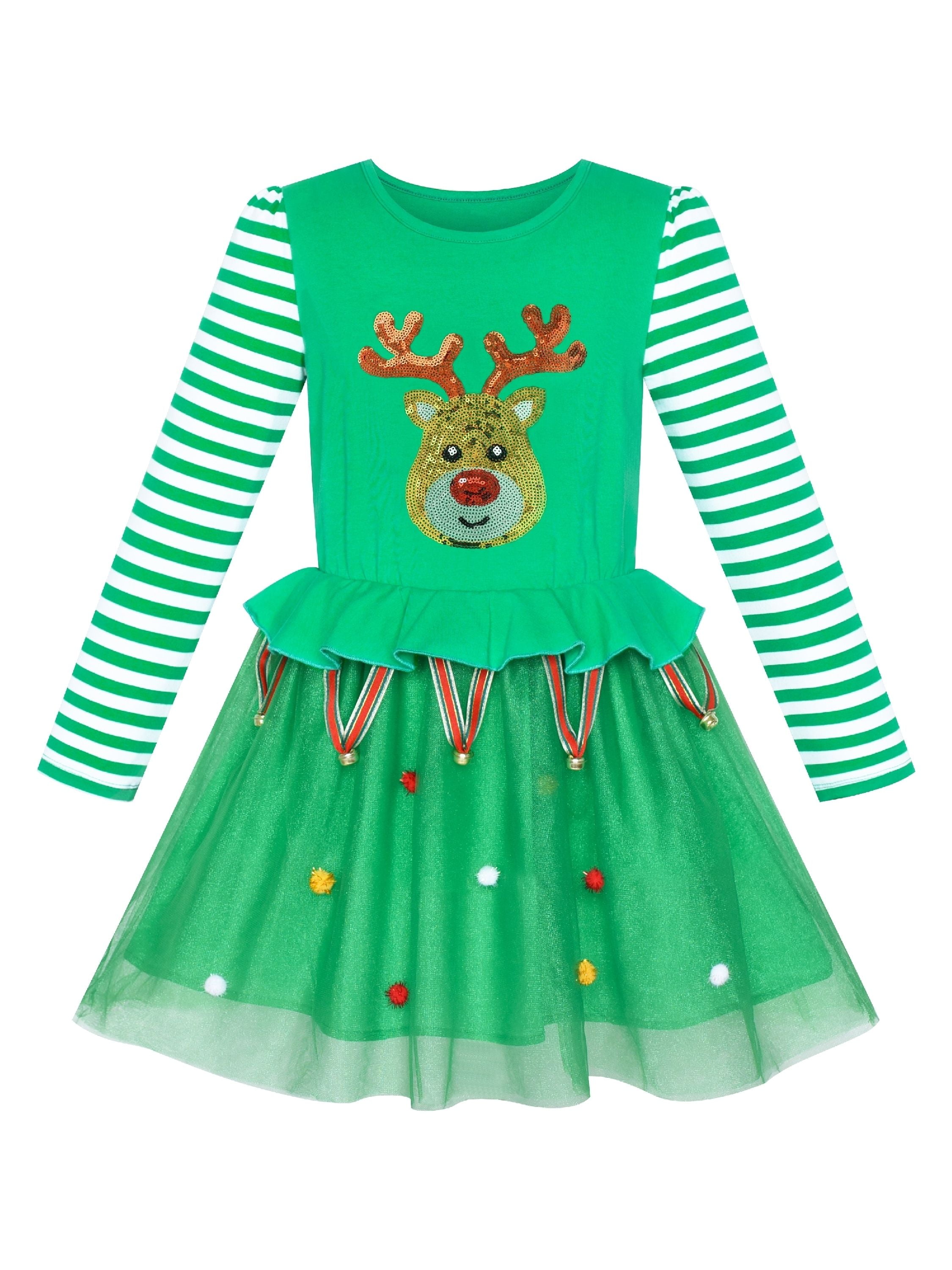 Girls Dress Christmas Reindeer Jingle Bell Party Holiday Dress 6 Years