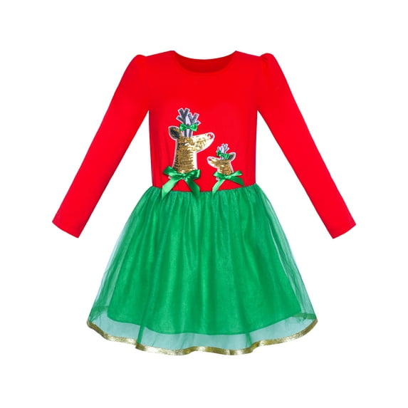 Girls Dress Christmas Reindeer Long Sleeve Party Dress 7 Years