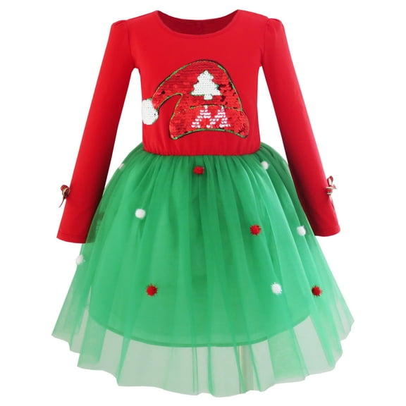 Girls Dress Christmas Santa Hat Long Sleeve Party Dress 4 Years