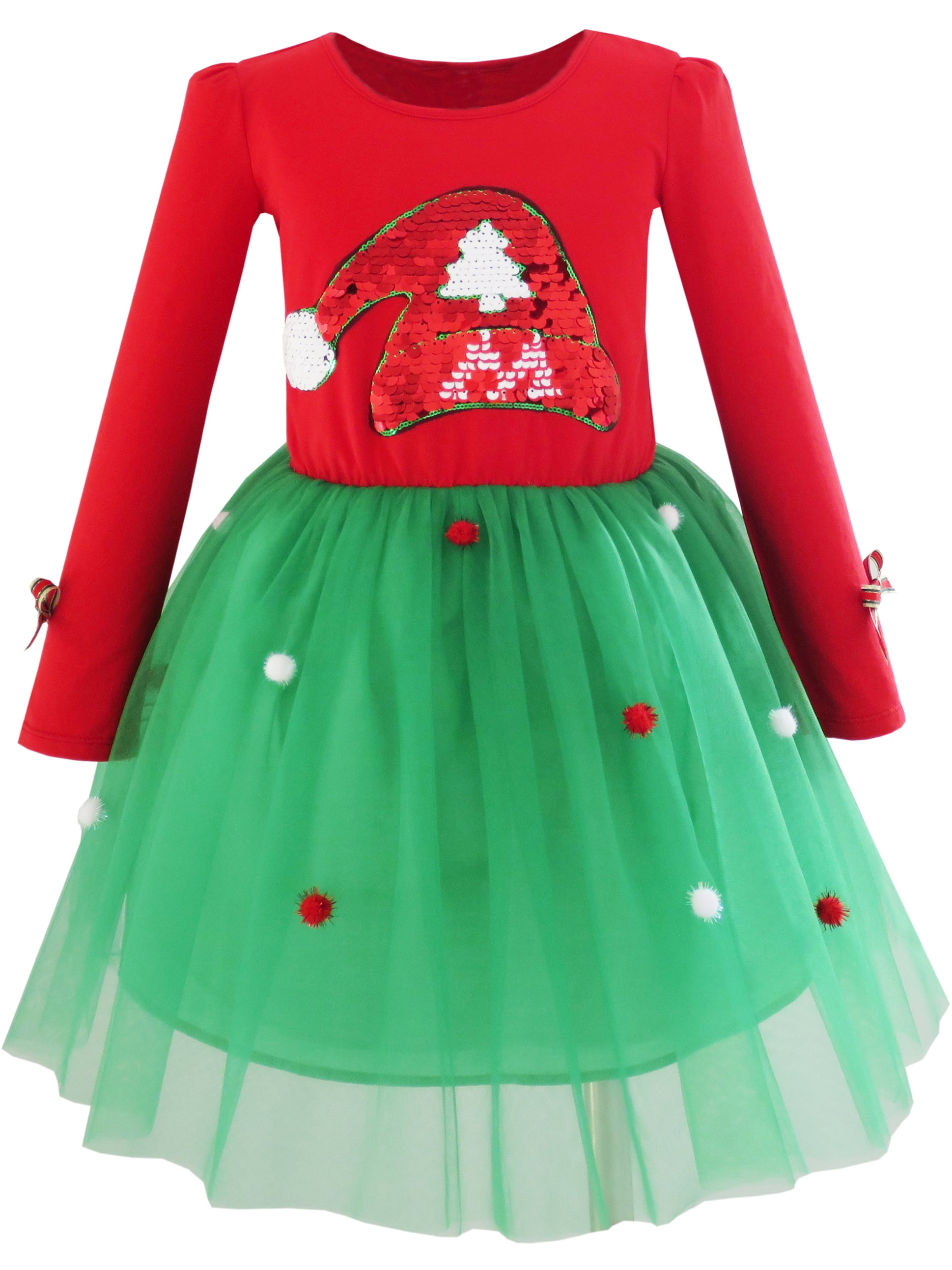 Girls Dress Christmas Santa Hat Long Sleeve Party Dress 7 Years