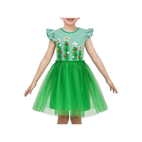 Girls Dress Christmas Tree Star Striped Fluffy Ball Tulle New Year Winter 6 Years