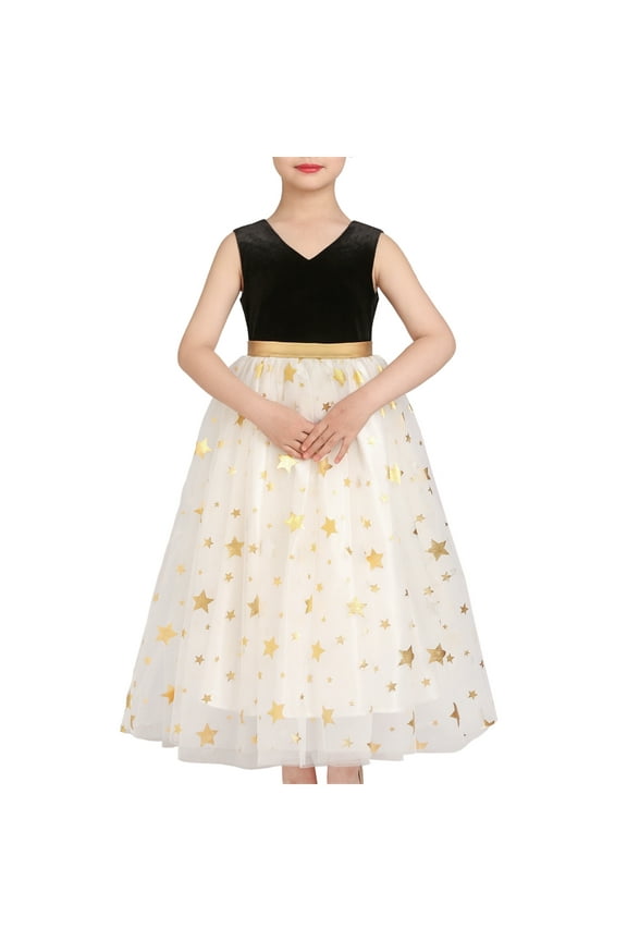 Girls Dress Christmas Vintage V-neck Hollow Back Gold Star Bow Tie 6 Years