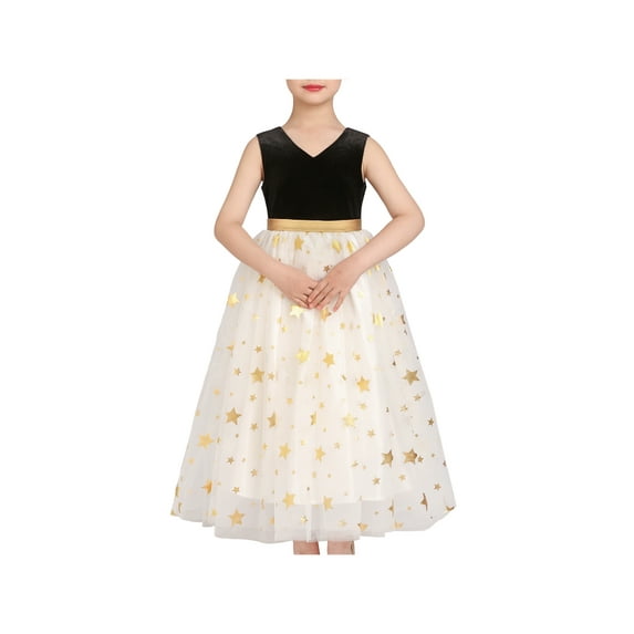 Girls Dress Christmas Vintage V-neck Hollow Back Gold Star Bow Tie 6 Years