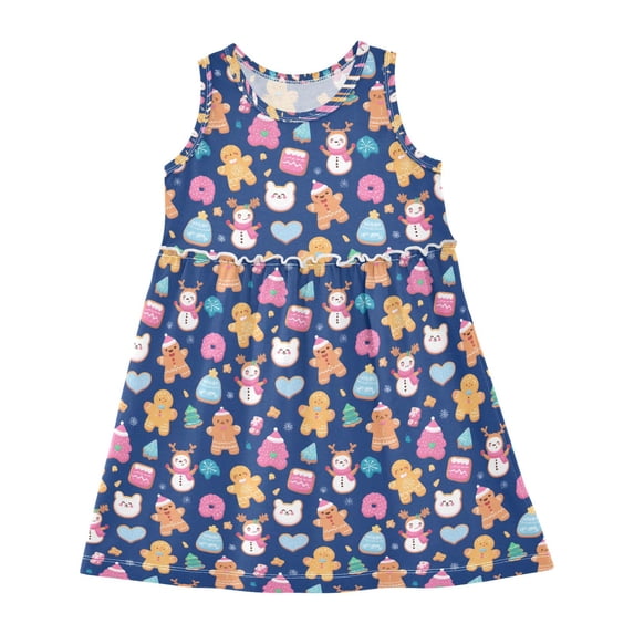 Girls Dress Cinnamon Cookies Snowman Reindeer Sleeveless Dress for Girls Hem A-Line Casual Sundress