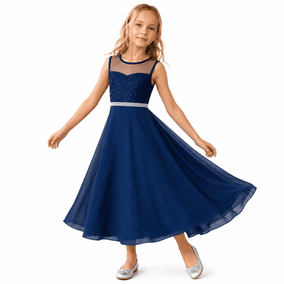 Sunny Fashion Girls Dress Classic Blue Chiffon Bridesmaid Maxi Ball Gown 14 Years