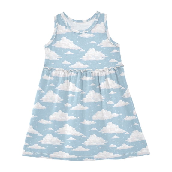 Girls Dress Clouds Floating in The Sky Sleeveless Dress for Girls Hem A-Line Casual Sundress