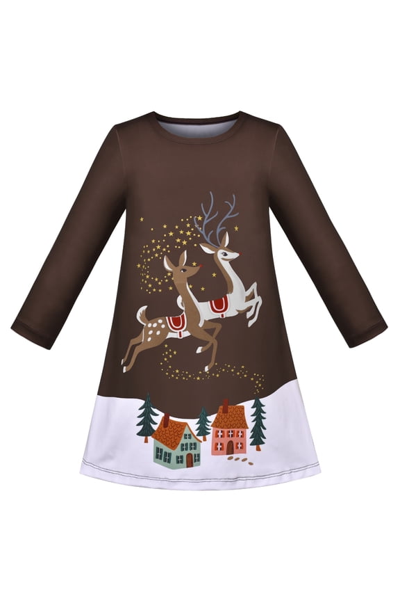 Girls Dress Coffee Brown Christmas Elk Reindeer Casual Long Sleeve 4 Years