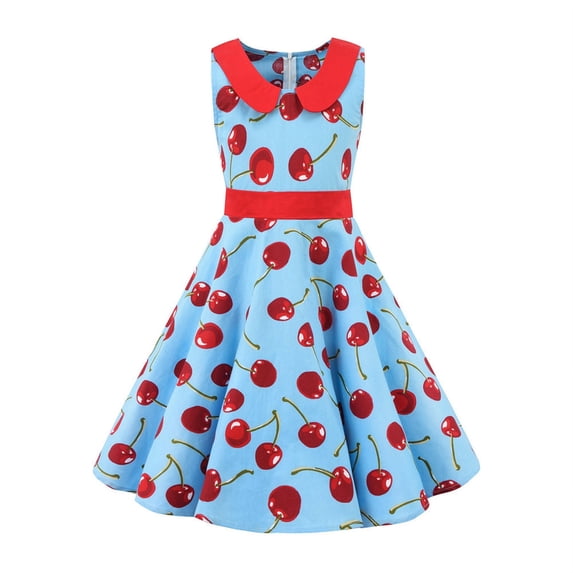 Girls Dress with Collar Sleeveless Waist Design for Daily Wear Party Performance DOT Peter Pan Collar Sleeveless Mid Calf Light Blue2 13 Years-14 Years
