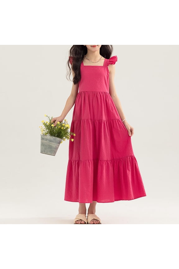 Girls' Dress College Style Striped Ruffle Off Shoulder Cake Dress Hot Pink 15-16 Years