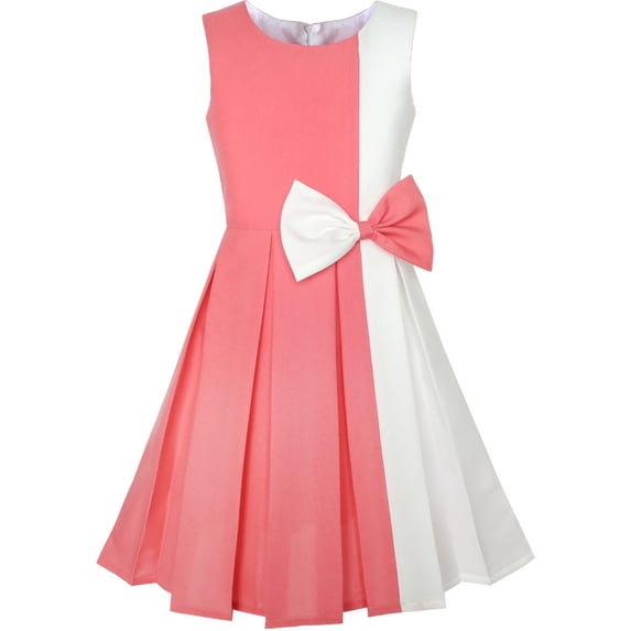 Girls Dress Color Block Contrast Bow Tie Coral White Party 14